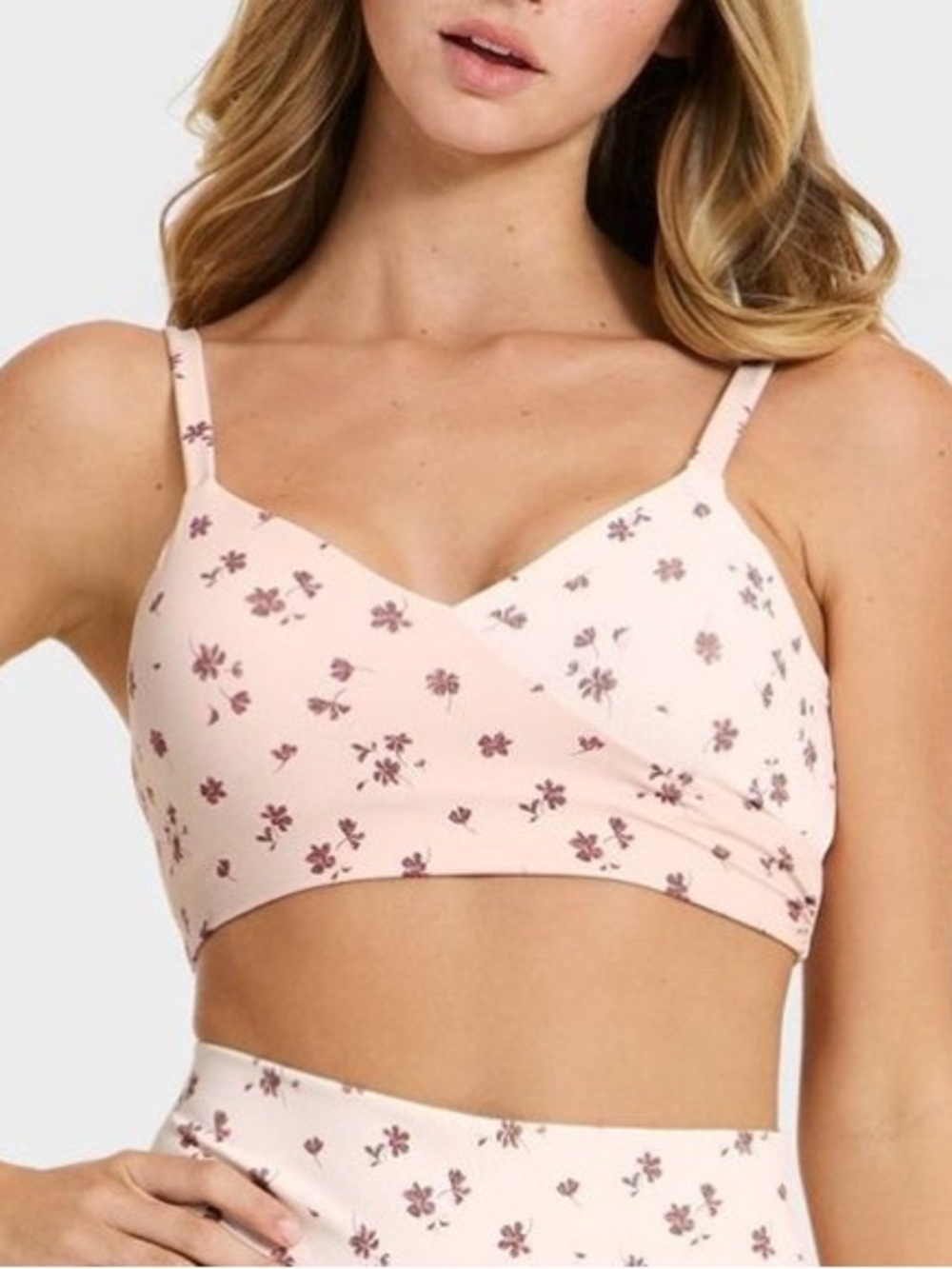Joylab cream pink and brown floral crossover sports bra NWT 8